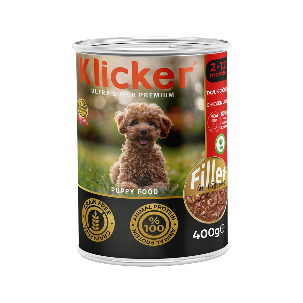 Klicker Yavru Köpekler için Tavuk Ciğerli Fillet In Viscous Tam Yaş Mama